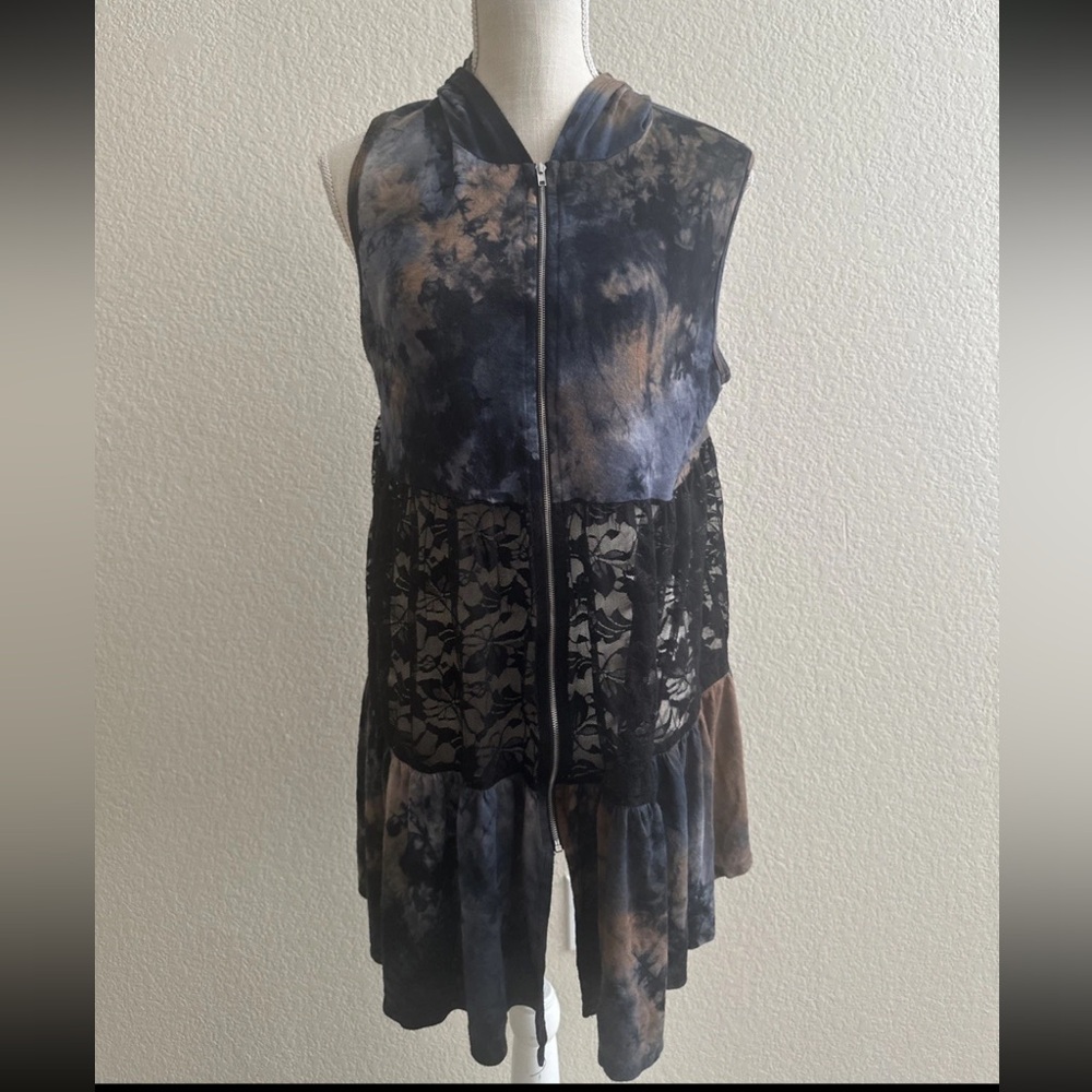 Vocal Blue Brown Tie Dye & Lace Zip Up Hooded Tunic Dress Vest Womens XL